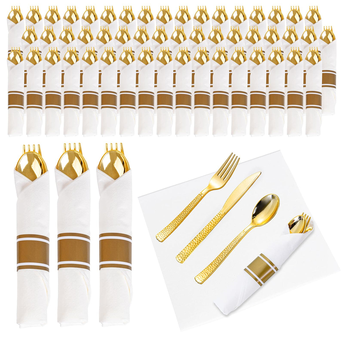 WELLIFE 75 Pack Gold Plastic Cutlery,Pre Rolled Silverware Set Disposable,Gold Disposable Utensils,Includes: 75 Forks, 75 Knives, 75 Spoons, 75 Napkins, Plastic Silverware