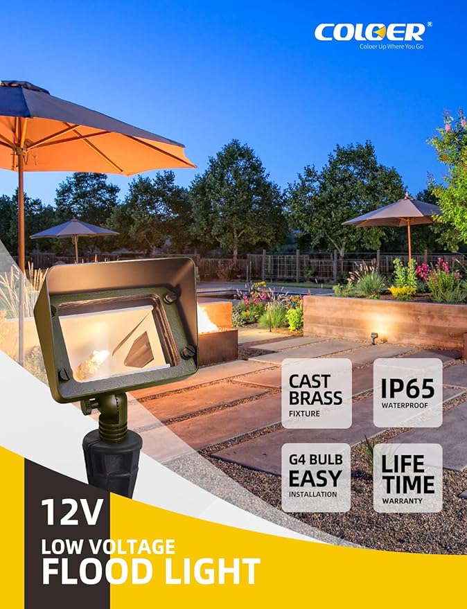 COLOER Brass Flood Lights with 4W 2700K LED G4 Bulb, 12V Low Voltage Landscape Floodlights for Outside, Outdoor Wall Lights Illuminating Signs, Walls and Tree