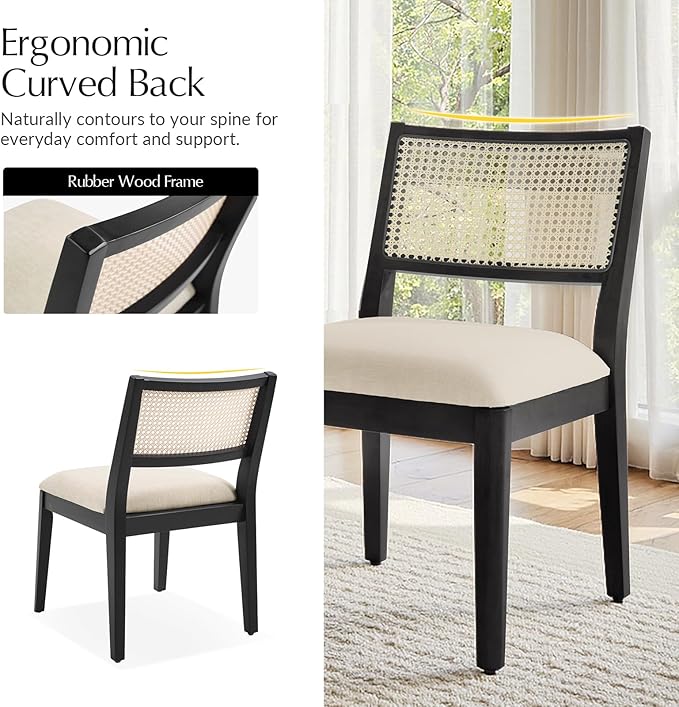 HULALA HOME Rattan Dining Chairs Set of 2, French Solid Wood Kitchen Dining Room Chairs with Curved Back, Upholstered Accent Dinner Cane Chair for Living Room Restaurant, Black
