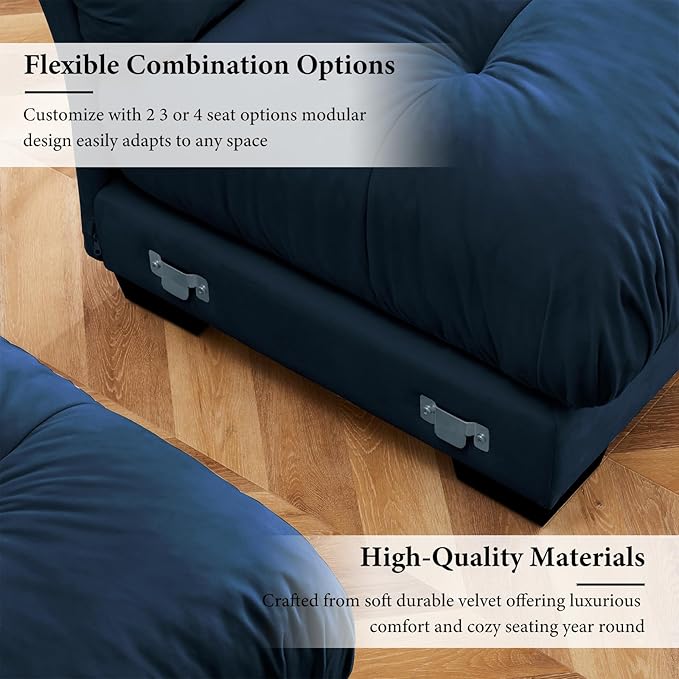 130" Oversized 3 Seater Modular Sectional Sofa, Blue Large U Shaped Couch for Living Room, Fluffy Velvet Cloud Set With Ottoman