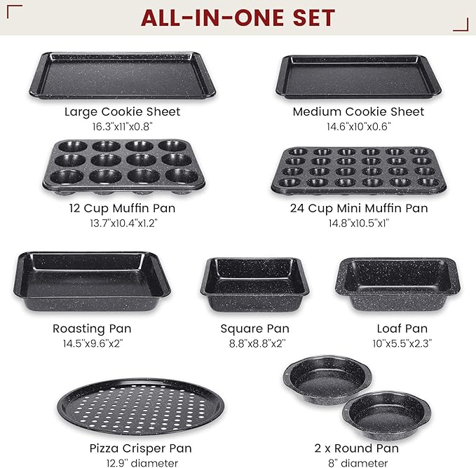 Terlulu 10-Piece Baking Pans Set, Bakeware Sets Nonstick, Baking Set for Oven Cooking, Stackable Carbon Steel Set Include Cookie Sheets, Muffin Pan, Cake Pan, Pizza Pan, Loaf Pan, Roasting Pan, Black