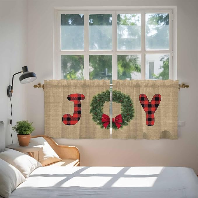 Red Green Christmas Kitchen Tier Curtains 36 Inch Long 2 Panel Set, Rod Pocket
