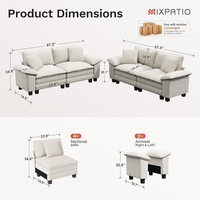 L-Shaped Cloud Modular Sofa Set, 4-Piece Double Loveseat Sectional w/Deep Seat & Removable Arms, Plush Chenille for Living Room - Beige