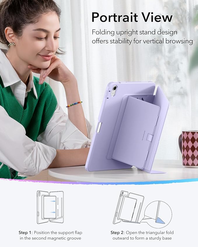 ESR for iPad A16 Case, iPad 11th/10th Generation Case (2025/2022), Vertical Stand Cover, Multi Stand Angles, Ultra-Stable Cover with Pencil Holder, Flip Series, Purple