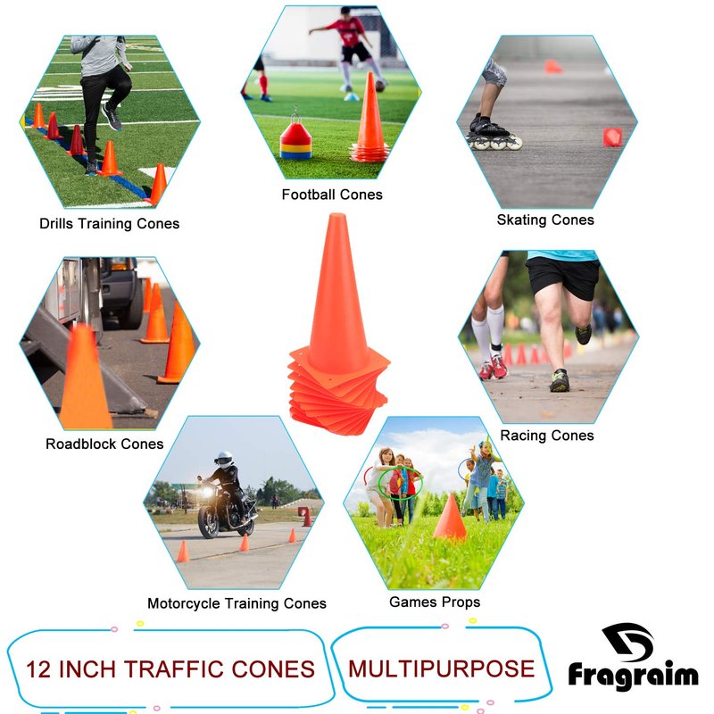 12 Inch 12 Pack Orange Traffic Training Cones, Plastic Safety Parking Cones, Agility Field Marker Cones for Soccer Basketball Football Drills Training, Outdoor Sport Activity & Festive Events