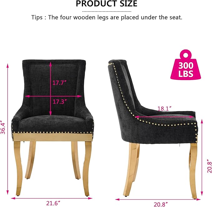 Luxury Fabirc Upholstered Dining Chairs Set of 4,Neutral Chenille Kitchen Room Chair with Nailhead Trim,4 Piece Modern Side Chairs for Dining Room,Living Room,Bar (Black-Gold, Set of 4)