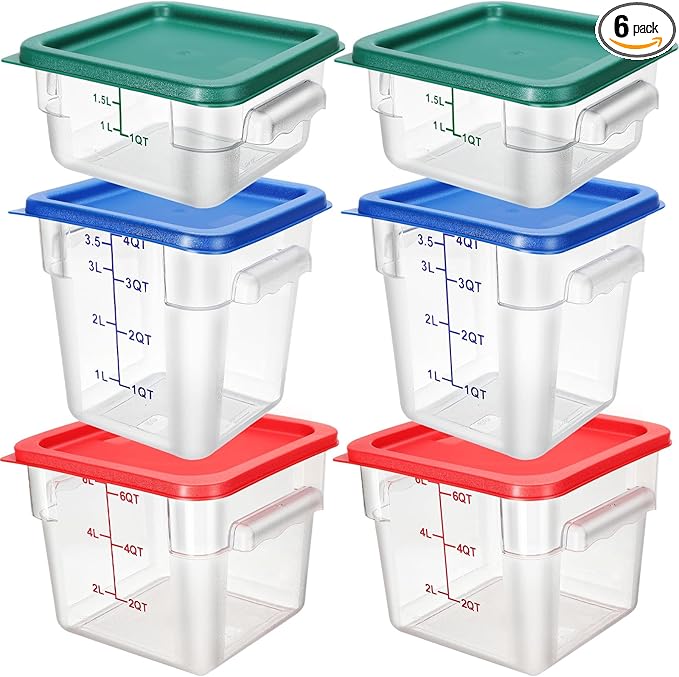 Lallisa 6 Pcs Food Storage Containers with Lids, Clear Square Food Containers with Handles Polycarbonate Restaurant Container Commercial Cereal Storage Set for Kitchen, 2, 4 and 6 Qt(Blue, Red, Green)