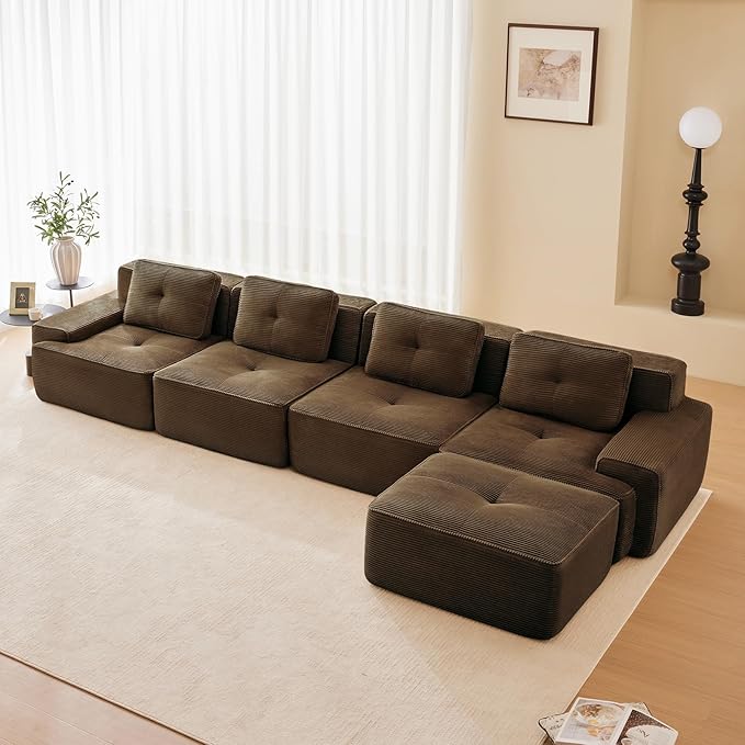 150" Modern Compressed Boneless Couch with Ottoman, 4 Seater Large L Shaped Sectional Couches for Living Room, Brown Corduroy Cloud Modular Sectional Sofa, Memory Foam, Extra Deep, No Assembly