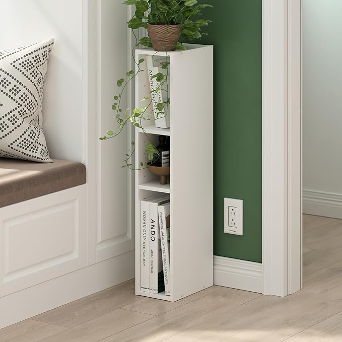 Furinno Fulda Book Shelf, 3-Tier Narrow Bookshelf, Bookcase with 6-in Width Storage Shelf, 9.3 x 5.9 x 31.5, for Living Room, Bedroom, Home Office, White