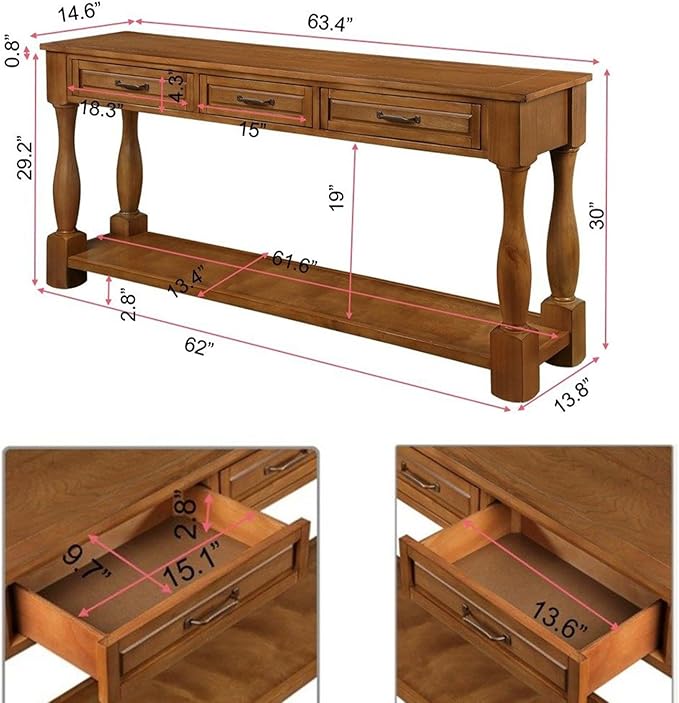 LKTART Solid Wood Console Table for Entryway,Long Sofa Table with 3 Drawers for Hallway,Foyer,Entry,Easy Assembled (63" Brown)
