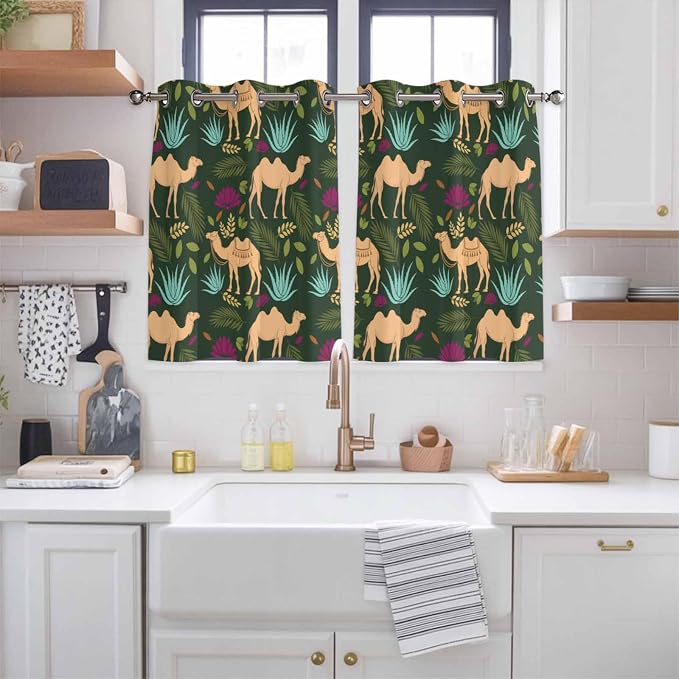 2 Panel Kitchen Cafe Curtains, Retro Desert Camel Sunlight Filtering Nature Air