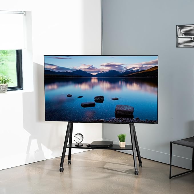 VIVO Rolling Artistic Easel 43 to 75 inch LED LCD Screen Mobile Studio TV Display Stand, Wood Accessory Shelf, Adjustable TV Mount with 4 Legs, Black, STAND-TV75RB