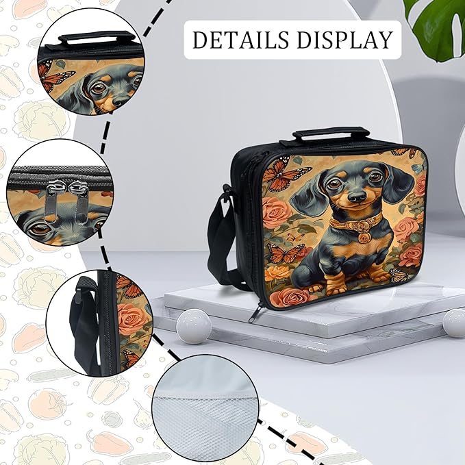 Cute Dachshund Backpack Set 3 Piece School Bags and Lunch Box with Pencil Case Funny Flower Dog Animal Bookbag Set for Toddler Kids Girls Boys Teens Kindergarten Elementary Middle