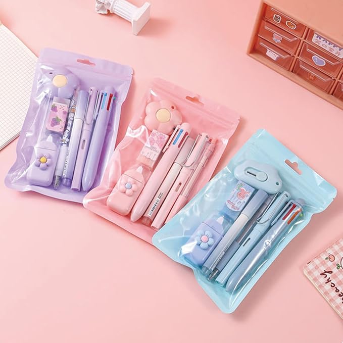 7 Pcs Cute Blue Stationery Set Kawaii School Supplies Office Supplies Including Ballpoint Pens Pencil Sharpener Highlighter Correction Tape Ruler Utility Knife (Blue)