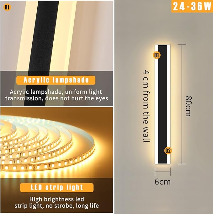 Modern 31.4inch Outdoor Wall Light, 3000k/4500k/6000k 3 Color Change Black Exterior Light Fixtures Wall Mount, Ip65 Waterproof Modern Porch Lights Non-Dimmable, Long Linear Outside Lighting Hard-Wired