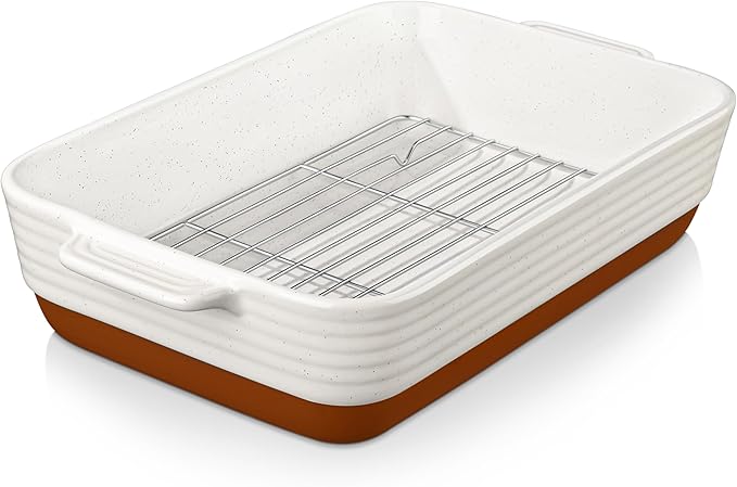 MALACASA Large 9x13 Ceramic Baking Dish with Rack, 4.8 Qt, Khaki & White