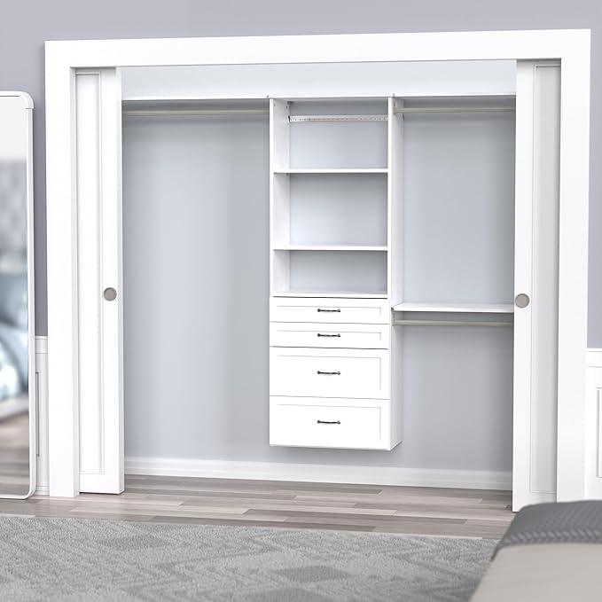 ClosetMaid SuiteSymphony Hanging Closet Kit Includes (1) Tower, (3) Closet Rods, (4) Shelves, (3) Top Shelves w/Brackets, and (4) Drawers, White