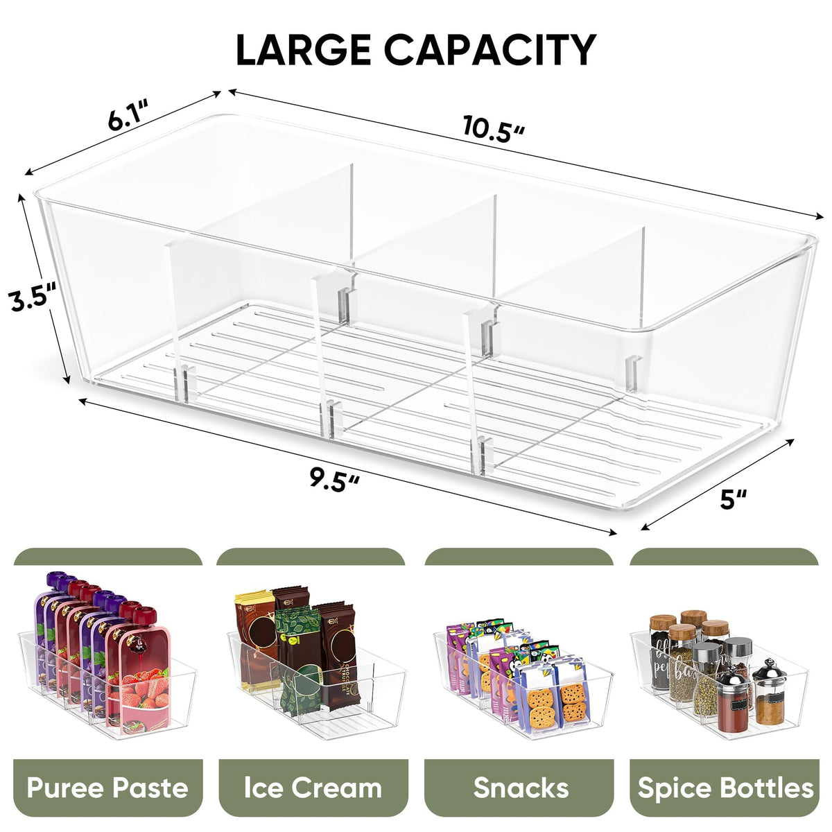 BALEINE Clear Plastic Storage Bins with 3 Removable Dividers, Pantry Organization, BPA Free Stackable Refrigerator Organizers and Storage for Kitchen Fridge Cabinet Bathroom (10.5x6.1x3.5, 4PK)
