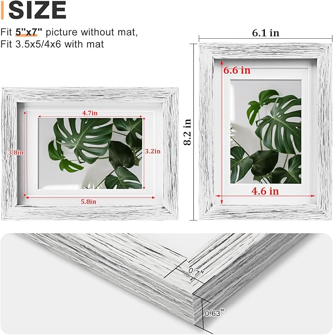Egofine 5x7 Picture Frames Made of Solid Wood with Plexiglass, Display Pictures 3.5x5/4x6 with Mat or 5x7 Without Mat for Tabletop and Wall Mounting, Driftwood White