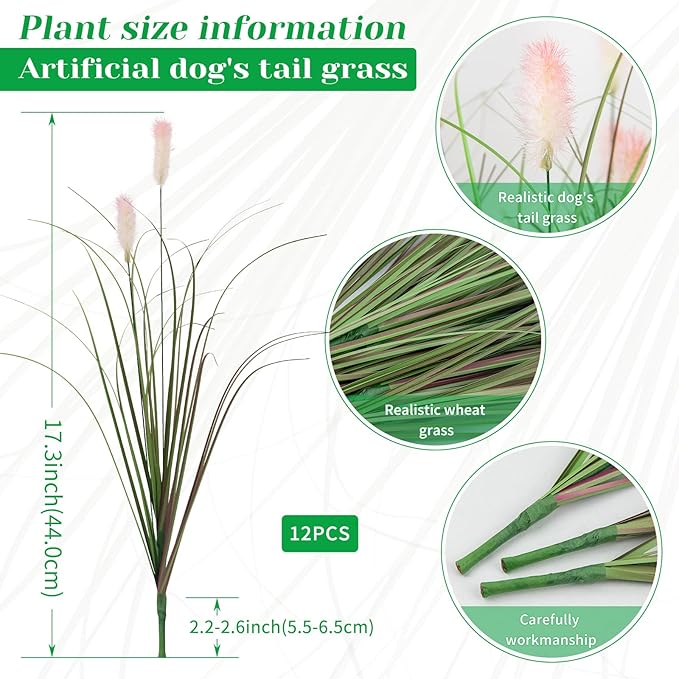 Artificial Grasses Plants Oudoor 12 Bunches Onion Grass Greenery with Plush Faux Fake Shrubs Plant Onion Wheat Grass for Outside Garden Indoor House Home Office Décor (Light Purple & Pink Plush）
