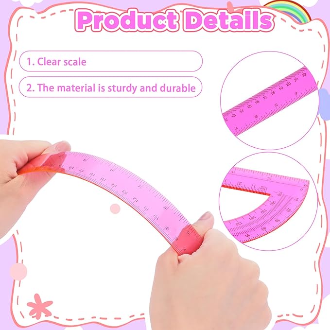 2 Pack Ruler Pink 12 Inch and 6 Inch Transparent Pink Plastic Ruler and Protractor Set Plastic Protractor Set Clear Math Drafting Geometry Sets for Home Office Drawing Architect Engineer