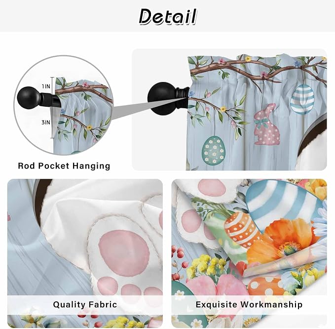 Easter Kitchen Tier Curtains 45 Inch Long 2 Panel Set, Rod Pocket Short Window