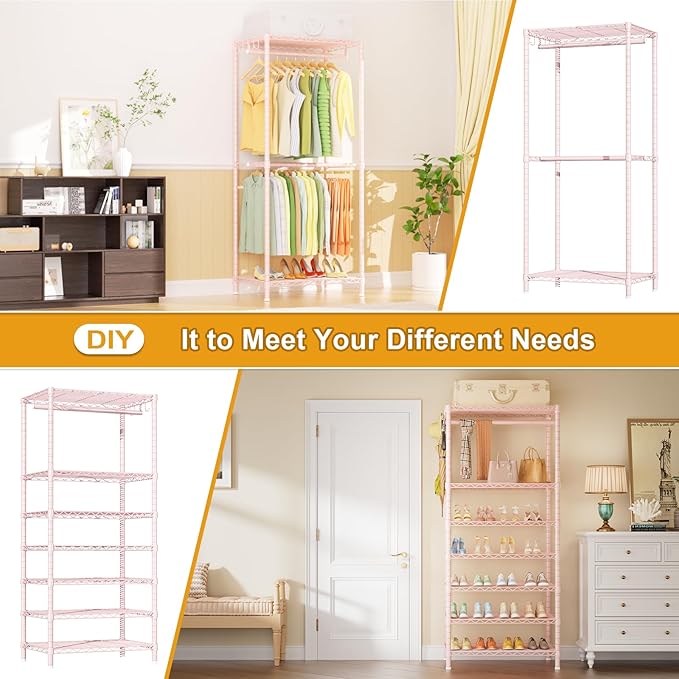 Ulif E13 Heavy Duty Clothes Rack（With 4 Hanger Rods & 8 Shelves） Freestanding Clothing Racks for Hanging Clothes，Adjustable Closet Organizer，Metal Garment Rack 63" W x16 D x77 H，Max Load 900LBS，Pink
