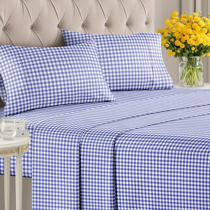 Blue Gingham Sheets - 1 Flat & 1 Fitted Sheet & 2 Pillowcases w/ Deep Pockets - Grid, Plaid, Checkered Pattern Bed Set - Comfy, Wrinkle & Fade Resistant - Ultra-Soft, Breathable & Cooling - King Size