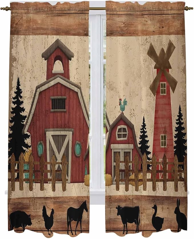 Brown Farmhouse Kitchen Curtains, Vintage Country Animals Wooden Grain Light