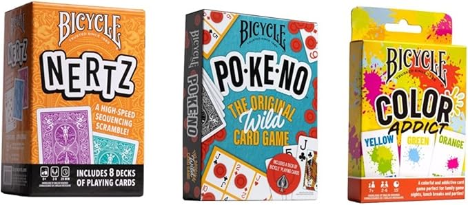 Bicycle Games Bundle - Nertz, Pokeno, Color Addict - 3 Fast-Paced Family Game Night Playing Card Games for Kids and Adults