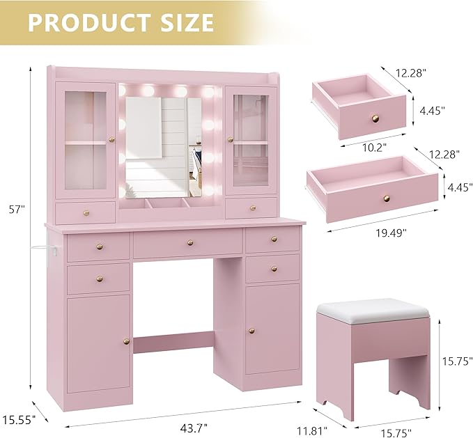 Makeup Vanity Desk with Mirror & LED Lights, Storage Drawers, Charging Station, Cabinets & Stool, Large Dressing Table with RGB Ambient Lighting for Bedroom & Vanity Room
