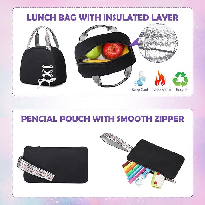 Backpacks for Girls, Girls Backpack with Lunch Box and Pencil Case for Teen Kids Elementary Middle High School College Student, Children School Backpack Bookbag with USB Charging Port (Black)