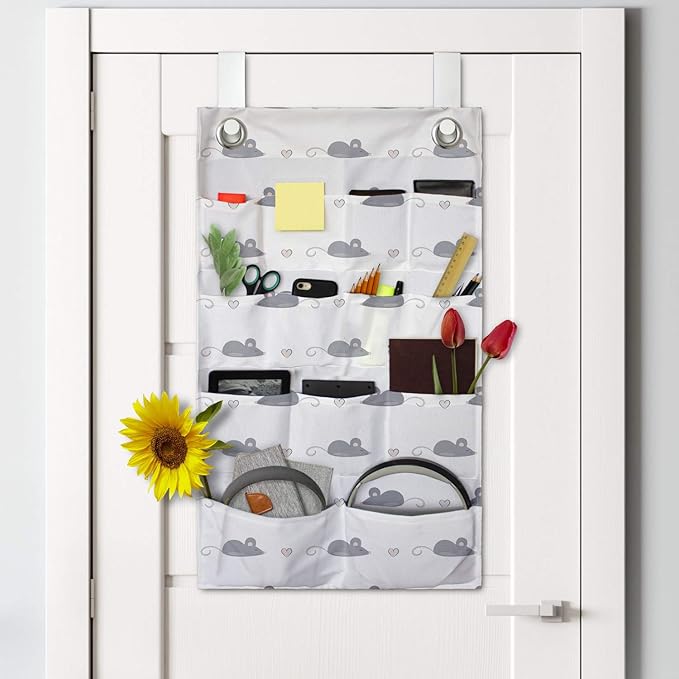 Ambesonne Mouse Hanging Pocket Organizer, Layout of Repetitive Rodents and Mini Hearts in a Hand Drawn Doodle Like Style, Printed Polyester Storage Bag with Pockets, 21" x 31", Dimgray and White
