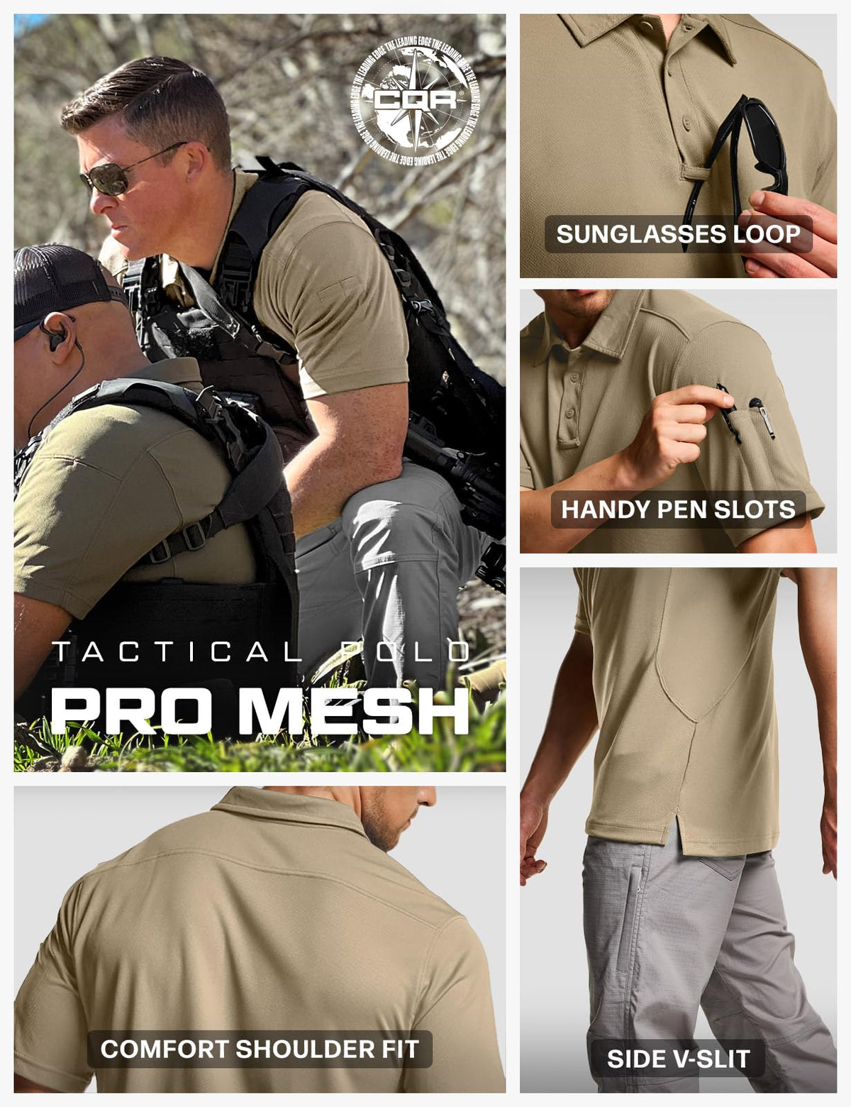 CQR Men's Quick Dry Tactical Polo Shirt, Lightweight Breathable Performance Polo, Short Sleeve UPF 50+ Outdoor Golf Shirt, Frost Essential Khaki, Small
