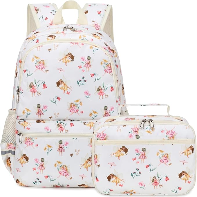 DSIUE Kids Backpack for Girls Elementary BookBags Teens School Backpack with Lunch Box Flower Fairy Beige