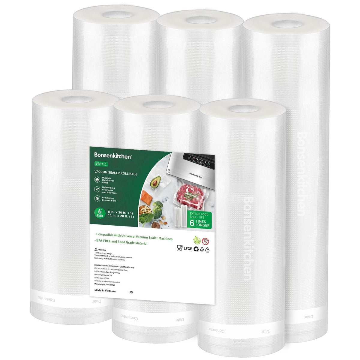 Bonsenkitchen 6 Rolls 11" x 16' Vacuum Sealer Bags for Food with Color Box