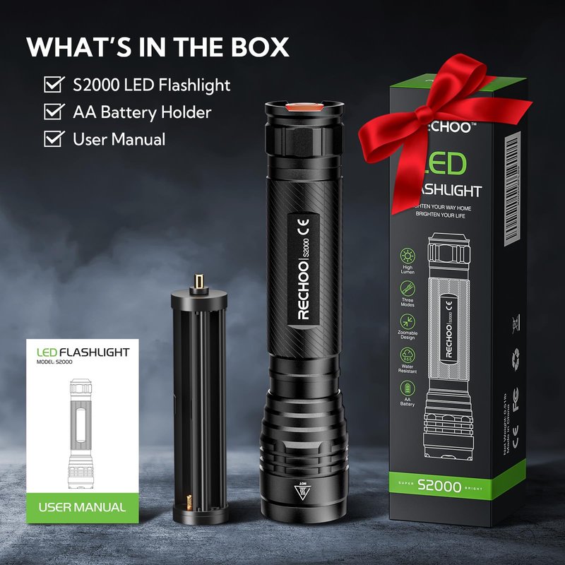 S2000 LED Tactical Flashlight 2000 Lumens | High Powered AA Battery Operated Flashlights with 3 Modes & Zoomable | IP67 Waterproof Powerful Handheld Flashlight for Camping, Emergency, Hiking (1 Pack)