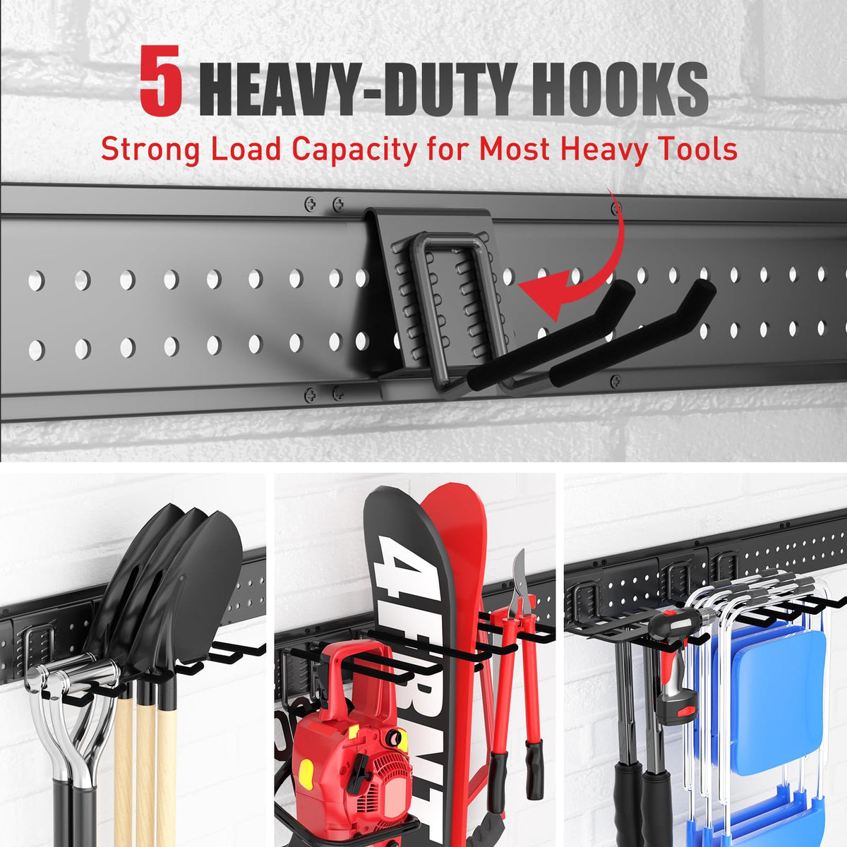 ZICANYCO Garage Tool Organizer Wall Mount 49.5 inches with 10 Adjustable Heavy-Duty Hooks, Garage Organization, Garden Tool Storage Rack, Yard, and Shed, Holds Up to 400 lbs