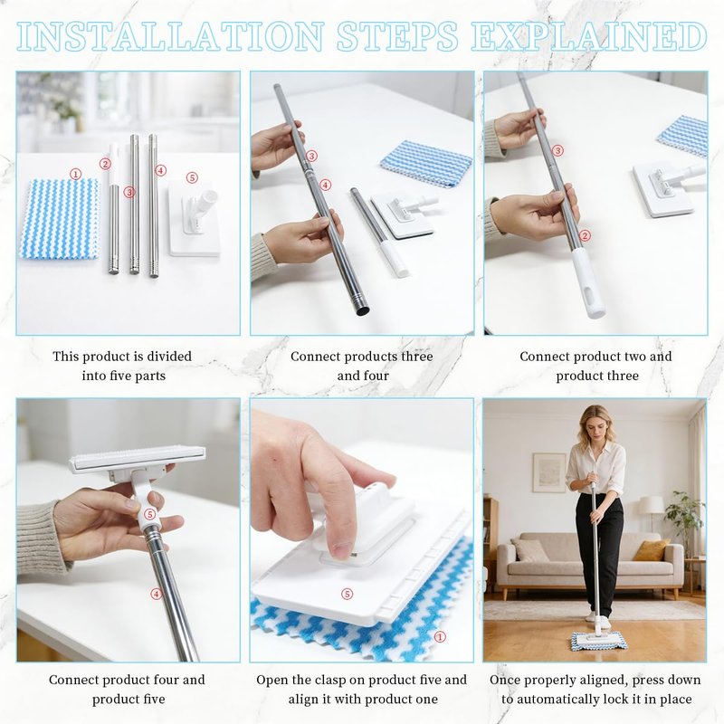 Snap Grip Mini Mop, Zero Touch MiniMop, Disposable Clip Mopstick Reusable Cloths, Retractable Gap Dust Cleaner Flat Mops with Locking Head & Sweeping Cloths (1*mop+5*Cloth)