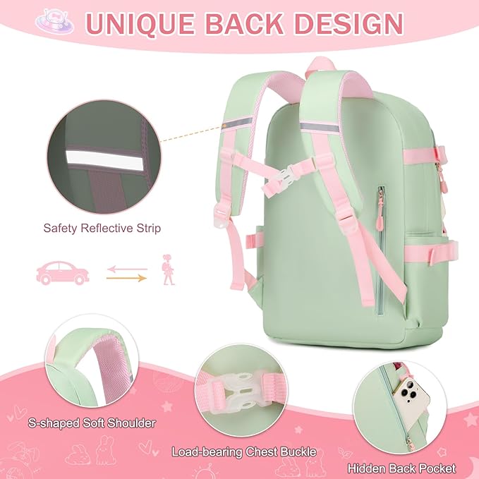 Girls Backpack Set, 3PCS School Backpack for Girls, Kawaii Bunny Kids Backpacks for Girl Kindergarten Elementary School Preschool Travel Daycare Bookbag with Lunch Box Pencil Box Green