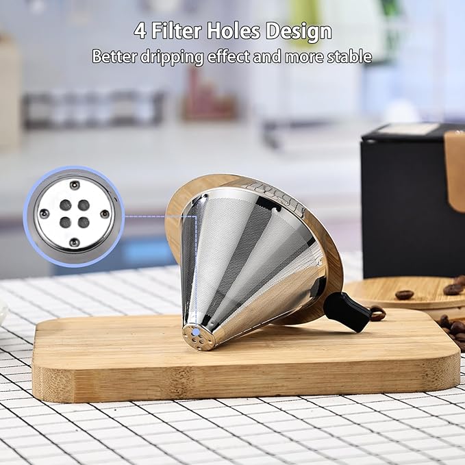 Pour Over Coffee Filter Dripper,Stainless Steel Reusable Cone Drip