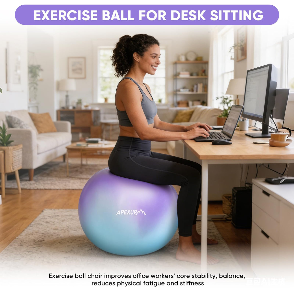 APEXUP Yoga Ball, 660 lbs Anti-Burst Exercise Ball with Pump, 5 Sizes (S (15"~18") 45cm, Blue Purple)