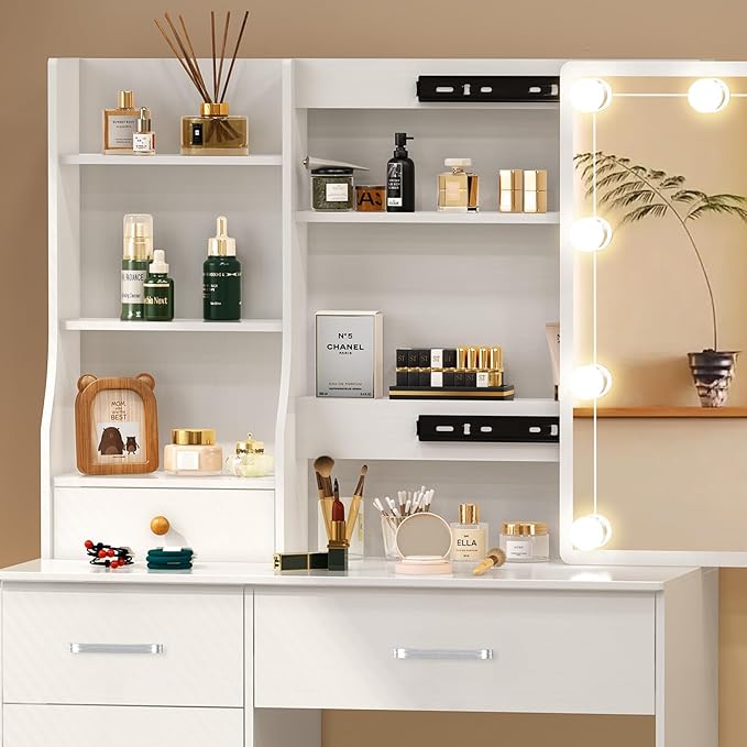 Small Vanity Desk with Sliding Mirror & Bulbs Lights, 3 Color Light Settings Makeup Table with 6 Storage Drawers and 6 Shelves, Bedroom Dressing Table with Chair for Girls, White