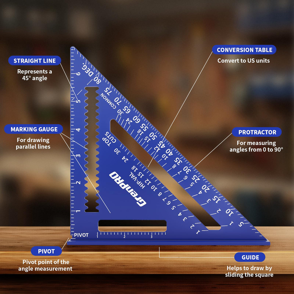 GRENPRO Combination Square Woodworking Ruler Tools, 7inch Carpenter Square Wood Working Tools and Accessories, 12inch Square Ruler, Includes 2-in-1 Carpentry Pencil, Protractor Angle Machinist Tool