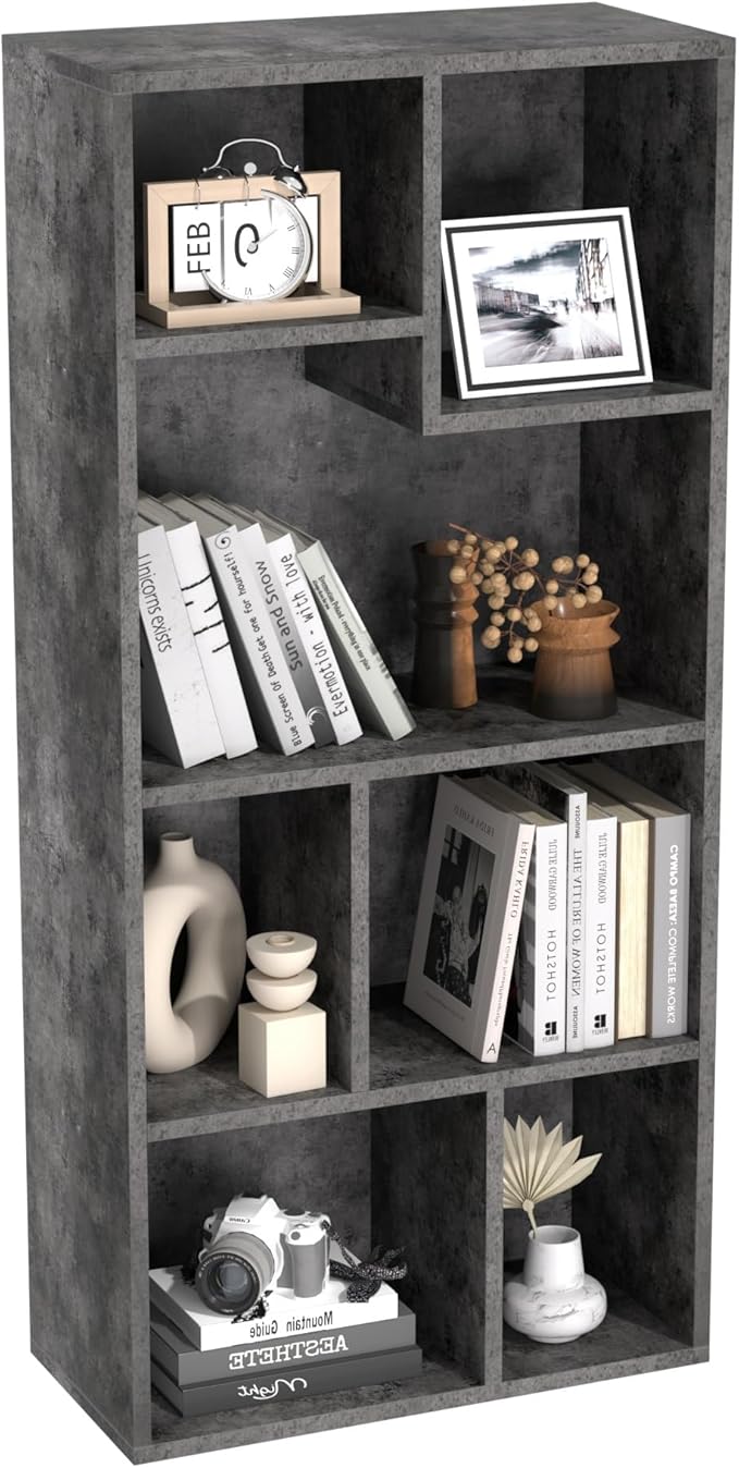 VECELO 42" Contemporary Bookshelf, 7 Cube Organizer Bookcase,Fits Tallest Hardcovers, Horizontal Available,Floor Standing Display,Easy Assembly, Gray