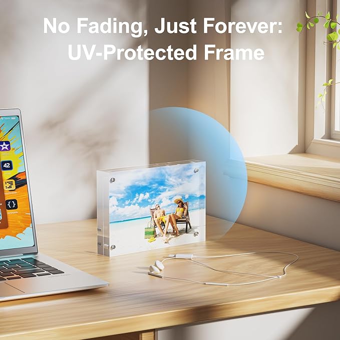 5 Pack 5x5 Acrylic Picture Frames - 20% Thicker Double Sided Magnetic Frame with UV Protection - Freestanding Clear Frameless Display for Tabletops - Modern Photo Frame Set for Home & Office Decor