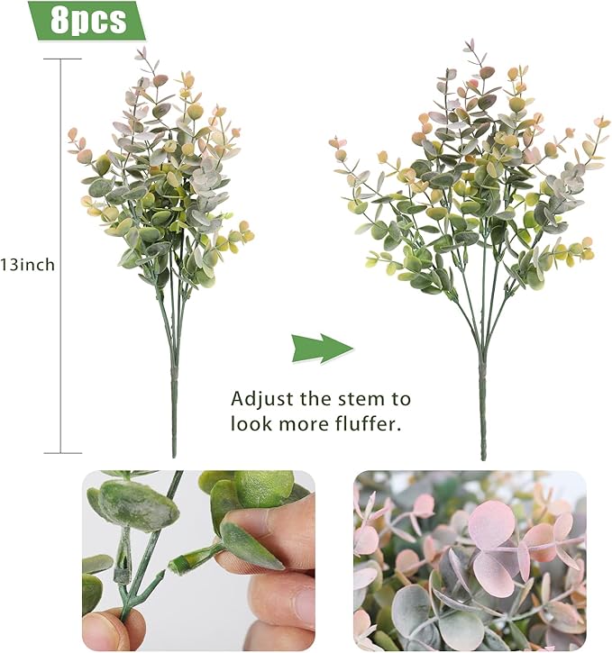 RECUTMS 8 Bundles Artificial Greenery Plants Stems Outdoor Fake Eucalyptus Plants Boxwood Bushes for Farmhouse Bathroom Office Vase Centerpiece Indoor Outdoor Decoration(Dusty Pink)