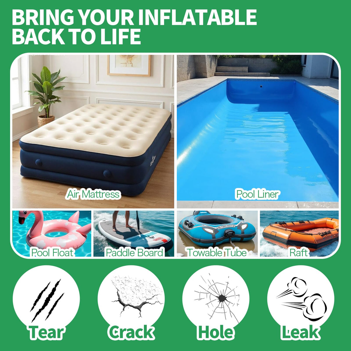 Air Mattress Patch Kit, Heavy Duty Inflatable Patch Repair Kit, Safe, Gentle, and All-in-One Vinyl PVC Glue for Blow Up Bed, Above Pool, Underwater Liners, Bounce House, Hot Tub and More