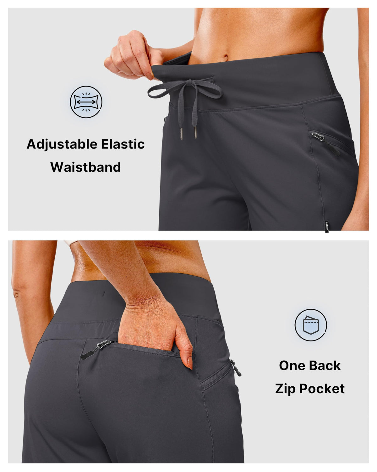 SANTINY Women's 9" Hiking Shorts with 3 Zipper Pockets Lightweight Quick Dry Long Shorts for Women Athletic Travel (Dark Grey_S)