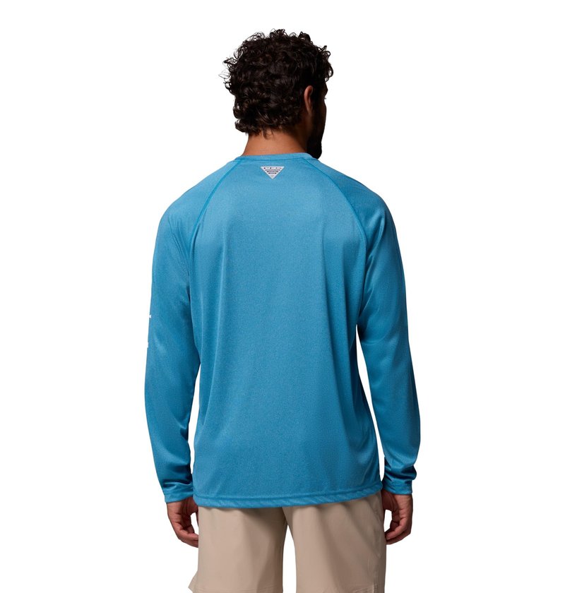Columbia Men's PFG Terminal Tackle Long Sleeve Fishing Shirt, Blue Echo Heather/White Logo, X-Large